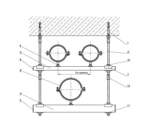 Крепления нескольких трубопроводов к перекрытию в Слуцке